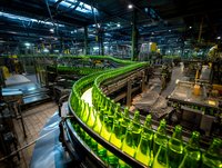 Modern bottling plant with green glass bottles moving along automated production line in industrial brewery facility.