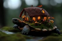 Miniature fairy house with glowing windows sits on turtle shell covered in moss creating magical fantasy scene for storytelling and imagination concepts.