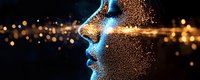 Glowing profile silhouette dissolving into luminous particles against dark background, representing artificial intelligence, digital transformation and consciousness.