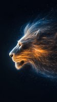 Majestic lion profile with glowing blue and orange energy effects, mane flowing with magical particle streams against dark background. For fantasy art and design.