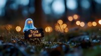 Glowing ghost decoration with trick or treat sign in dark garden setting, illuminated by warm bokeh lights creating magical Halloween atmosphere.