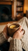 Hands holding warm ceramic mug with herbal tea and lemon slice in cozy home interior with fireplace and bookshelf, relaxation and comfort concept.