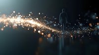 Silhouette of person walking on glowing light path with magical sparkles and bokeh effects against dark background, spiritual journey concept.