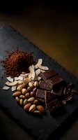 Dark chocolate pieces with cocoa powder, mixed nuts and coconut flakes arranged on black slate board for gourmet dessert and confectionery concepts.