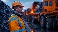 Caucasian male worker in orange safety vest and hardhat at industrial site during dusk, with heavy machinery and construction vehicles in background. Dramatic lighting.
