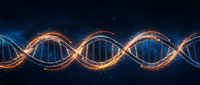 Glowing DNA double helix with orange light particles on dark blue background, symbolizing genetics, biotechnology, and scientific research.
