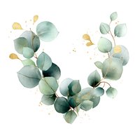 Watercolor eucalyptus wreath with gold splatter accents on white background, elegant botanical illustration for wedding invitations and home decor.