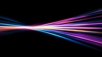 Glowing neon light trails converge and diverge against black background creating dynamic motion effect with blue, pink and purple streaks of light.