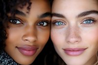 Close-up portrait of two young diverse women with natural makeup and glowing skin showcasing beauty and friendship for skincare and cosmetic campaigns.