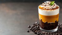 Layered coffee dessert with whipped cream, caramel sauce and chocolate shavings in glass, surrounded by roasted coffee beans on dark background. Perfect for cafe menu.