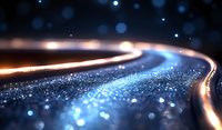 Glowing curved light trails with blue sparkles and bokeh effects on dark background create magical atmosphere for technology and innovation concepts.