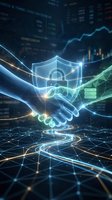 Digital handshake with cybersecurity shield and data protection symbols in futuristic business technology environment for secure partnerships.