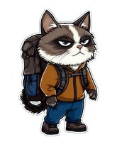 Grumpy cat character wearing hiking outfit with backpack on isolated background, ready for stickers, merchandise, and apparel designs.