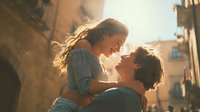 Young couple embracing intimately in golden sunlight on romantic European street, love and relationship concept for lifestyle and dating content.