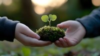 Hands protecting small green seedling growing from moss-covered soil with warm sunlight creating natural bokeh background for environmental conservation concepts.
