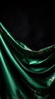 Luxurious emerald green silk fabric with golden floral embroidery flowing in elegant waves against dark background for premium fashion and textile design.
