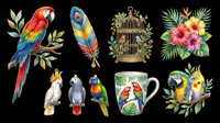 Colorful parrot and tropical bird collection isolated on transparent background. Includes macaws, feathers, birdcage, and floral elements. Ready for t-shirt design, clipart, stickers, and print-on-demand projects.