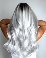 Long platinum silver wavy hair styled with soft waves shown from behind on woman wearing white top against neutral background, demonstrating professional hair coloring result.