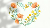 Watercolor floral heart wreath with orange poppies and yellow wildflowers on transparent background for wedding invitations and romantic designs.