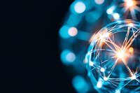 Glowing network sphere with connected lines and light points on dark background, representing global connectivity and digital transformation concept.