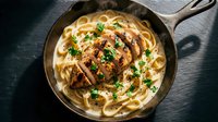 Grilled chicken breast sliced over creamy fettuccine pasta with herbs in cast iron skillet. Restaurant quality Italian cuisine ready for menu design.