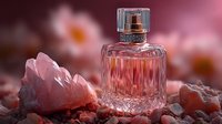 Luxury perfume bottle with rose quartz crystals and pink flowers creating elegant spa atmosphere for beauty and wellness products.