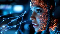 Young woman with glowing digital pattern overlay on face wearing headphones in dark blue environment with network connections and technology elements.
