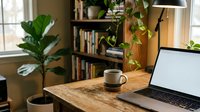 Cozy home office workspace with open laptop, coffee mug, wooden desk, bookshelf, and green plants in warm natural light.