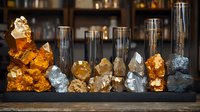 Mineral crystals and gemstones collection displayed in glass tubes on dark wooden shelf, natural rock specimens in warm lighting for geology education.