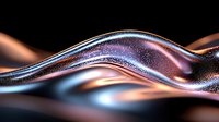 Flowing liquid metal waves with iridescent copper and blue colors against dark background, abstract luxury design element with glitter effect and smooth curves.