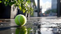 Tennis ball on wet surface after rain with urban background and natural light creating reflections and water droplets.