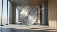 Large silver bitcoin coin floating in modern office interior with wooden panels and natural lighting for cryptocurrency business concepts.