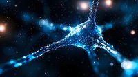 Glowing blue neural network connection on dark background with bokeh light effects and particles, representing artificial intelligence and deep learning.