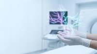 Healthcare professional in gloves holding holographic brain with neural networks in modern medical facility for neurology and digital health technology.