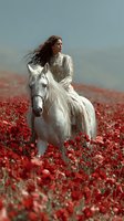Young woman in flowing white dress riding white horse through vibrant red poppy field under soft natural light for romantic fantasy concepts.