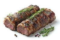 Grilled pork tenderloin medallions wrapped in bacon, seasoned with rosemary and peppercorns, sliced to show juicy pink center, served on white background.