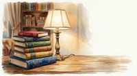 Stack of vintage leather-bound books with brass table lamp on wooden desk, bookshelf background. Perfect for education, literature, library, and reading-themed designs.