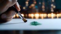 Minimalist watercolor painting of green Christmas tree on white paper with bokeh lights background creates festive holiday mood. Artistic close-up view of brush and hand.