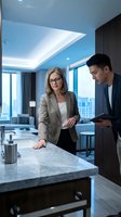 Professional businesswoman and businessman discussing project in modern office with city view and marble counter.
