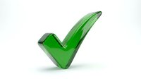 Green glossy checkmark symbol isolated on white background for approval, success and confirmation concepts in business presentations.