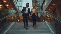 Young Caucasian business couple walking up modern office building stairs holding hands, wearing formal attire. Professional lifestyle and corporate success concept.