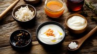 Assorted condiments and sauces in ceramic bowls on rustic wooden table, featuring yogurt dip with caviar, sauerkraut, honey and sour cream for serving.