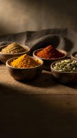 Aromatic spices in wooden bowls on rustic table with warm lighting creating culinary atmosphere for cooking and seasoning recipes.