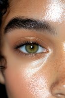 Close-up of bright green eye with long eyelashes and defined eyebrow on glowing, freckled skin showing natural beauty and skincare results.