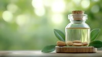 Glass bottle with cork stopper containing natural oil on wooden surface with green leaves against soft blurred background for aromatherapy and wellness.