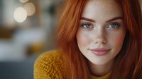 Young woman with natural red hair and blue eyes smiling at camera, soft bokeh background in warm autumn colors creates dreamy atmosphere. Gentle natural makeup and freckles.