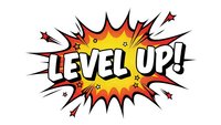 Comic book style explosion burst with Level Up text in bold letters for gaming achievement motivation and success celebration concepts.
