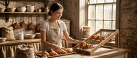 Young woman in apron working with fresh vegetables at wooden table in rustic kitchen with pottery shelves and natural light from window.
