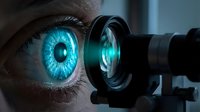 Person with striking turquoise eyes looking through optical lens equipment for vision testing, eye examination, or optical technology applications.