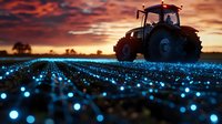 Red tractor silhouetted against dramatic sunset sky with glowing blue lights marking crop rows in agricultural field, creating magical farming atmosphere.